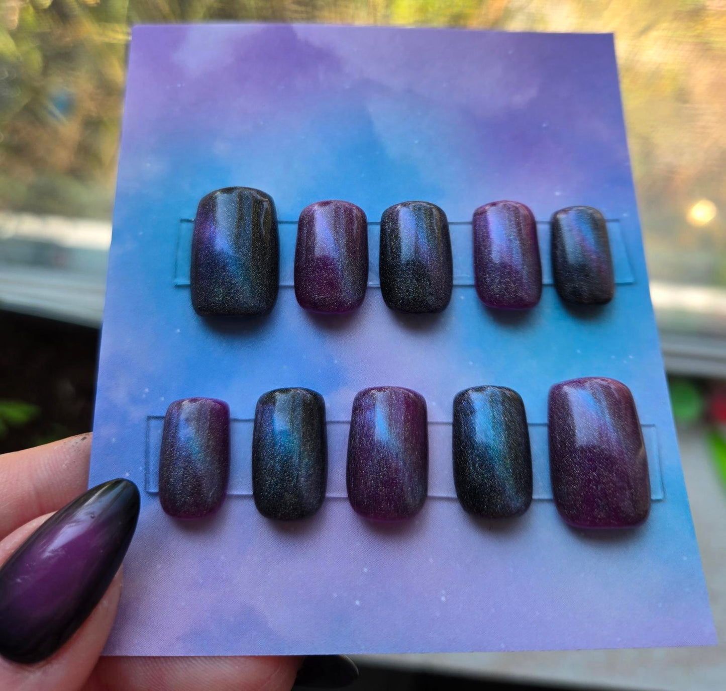 Galaxy cats eye short square press on nails custom made