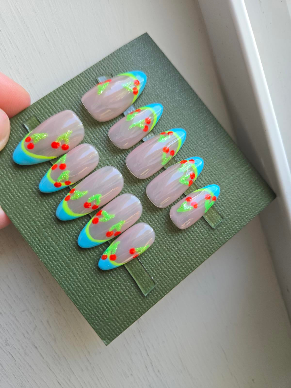 Cherry blue and nude french nails custom made