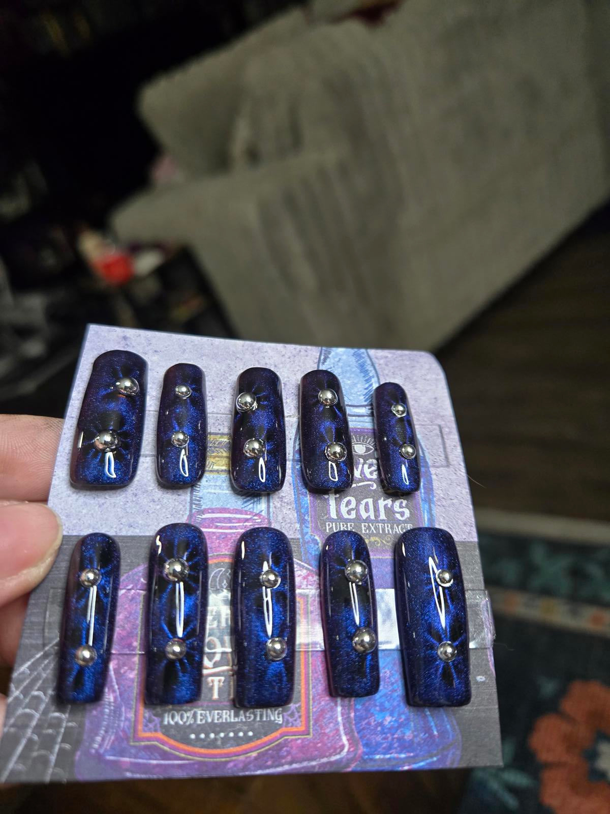 Blue cat eye floral burst nails custom made