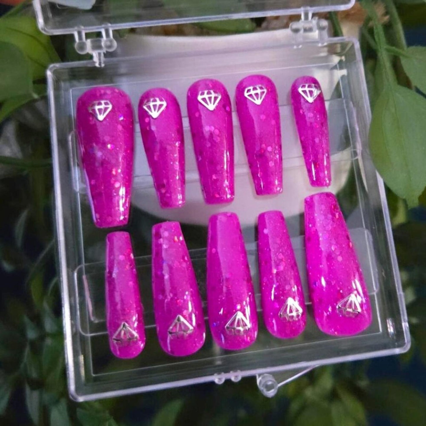 Ballerina shaped magenta sparkly press on custom nails