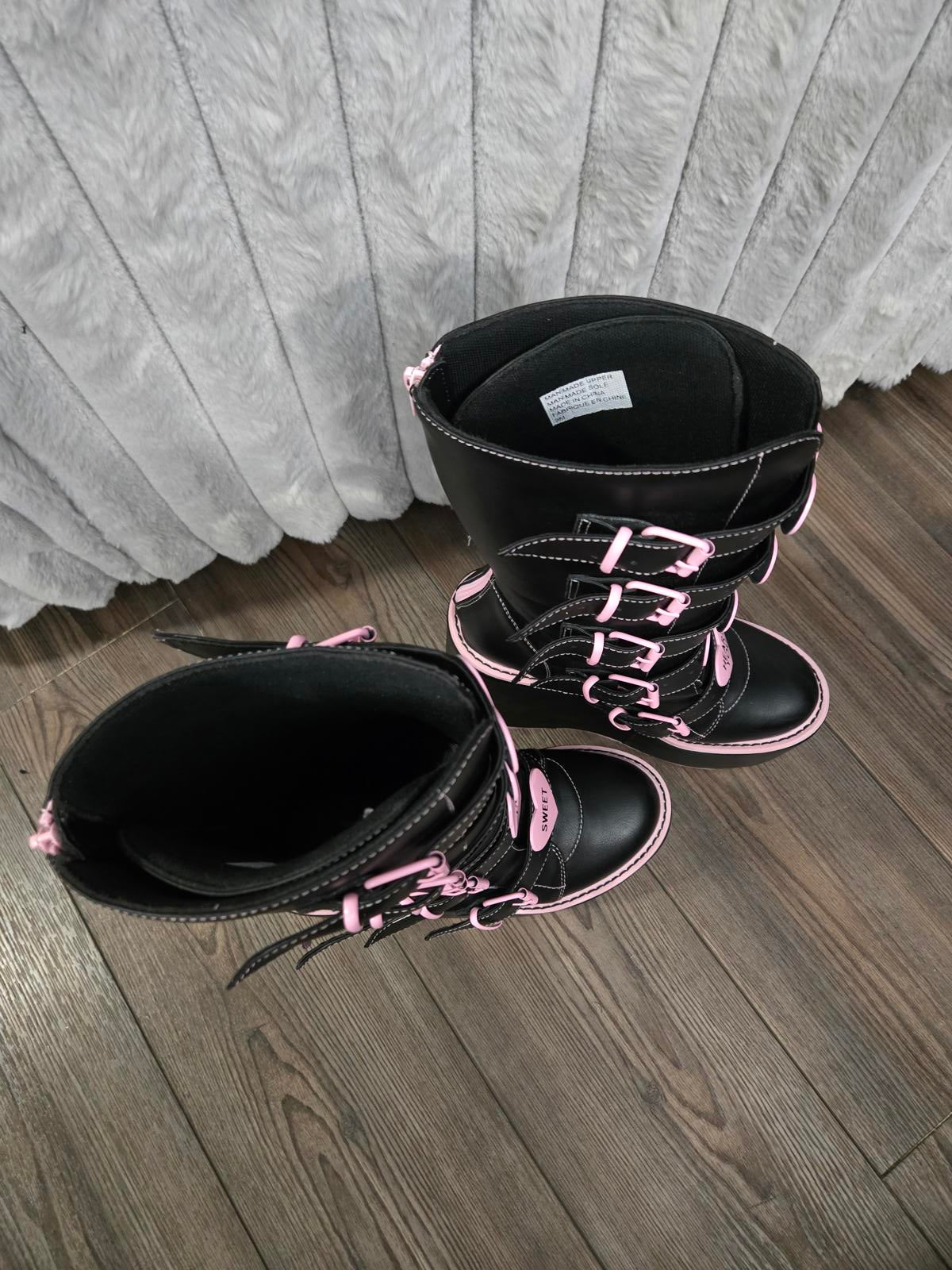 Pastel goth platform boots pink hearts with buckles