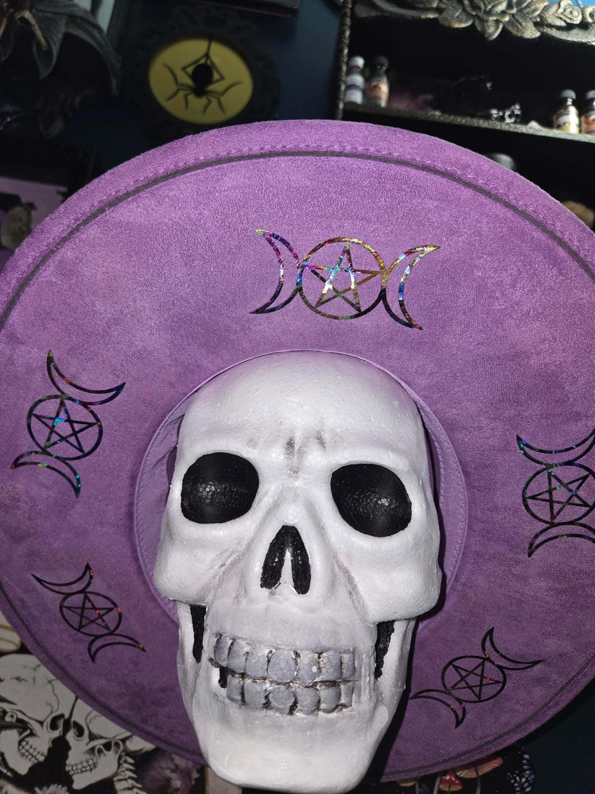 Purple vegan suede wide brim fedora hat with rainbow moon & pentagram