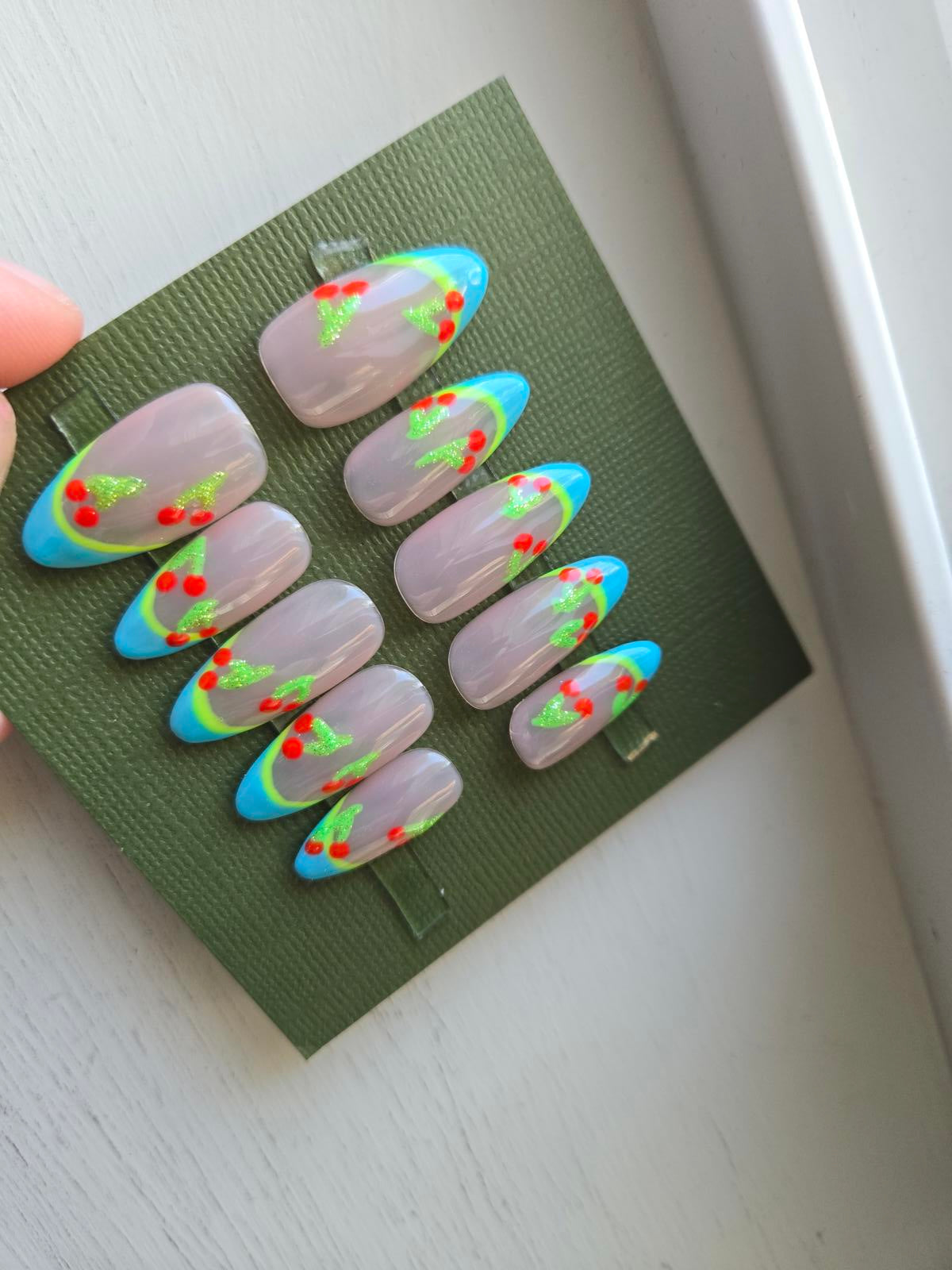 Cherry blue and nude french nails custom made