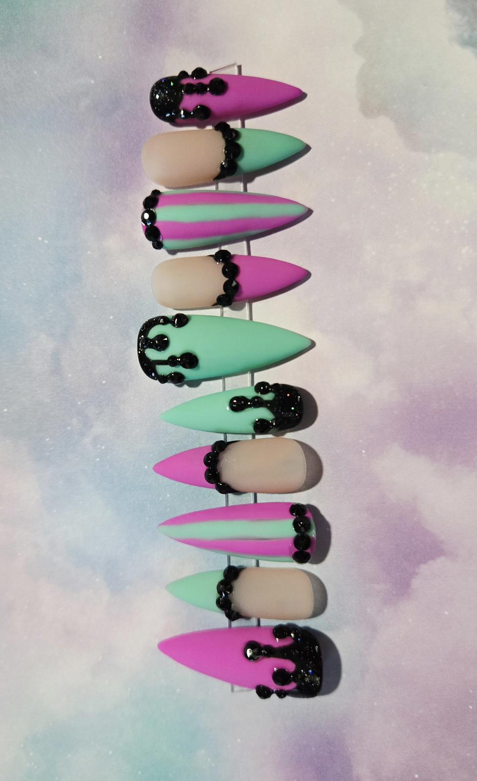 Matte pastel stiletto drippy nails custom made