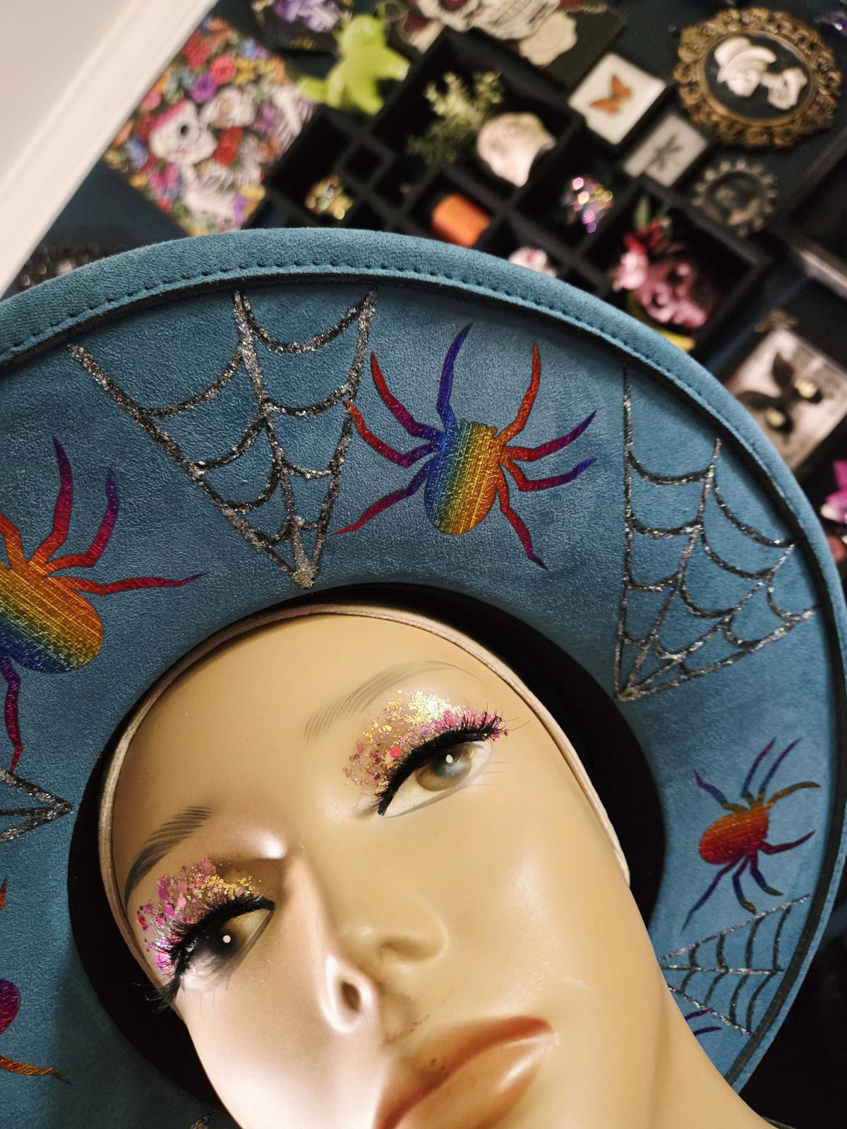 Teal rainbow spider and web Hand designed wide brim hat