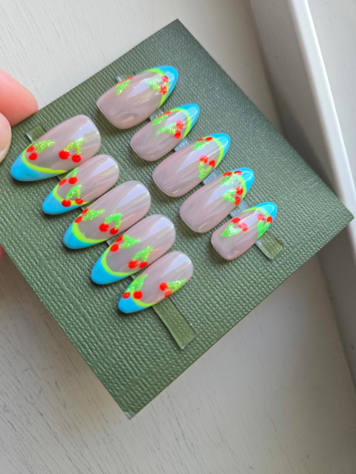Cherry blue and nude french nails custom made