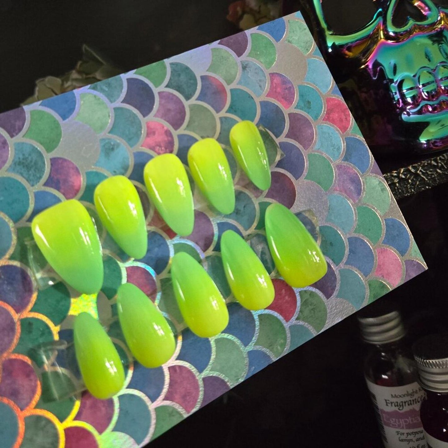 Electric green ombre almond shaped press on nails