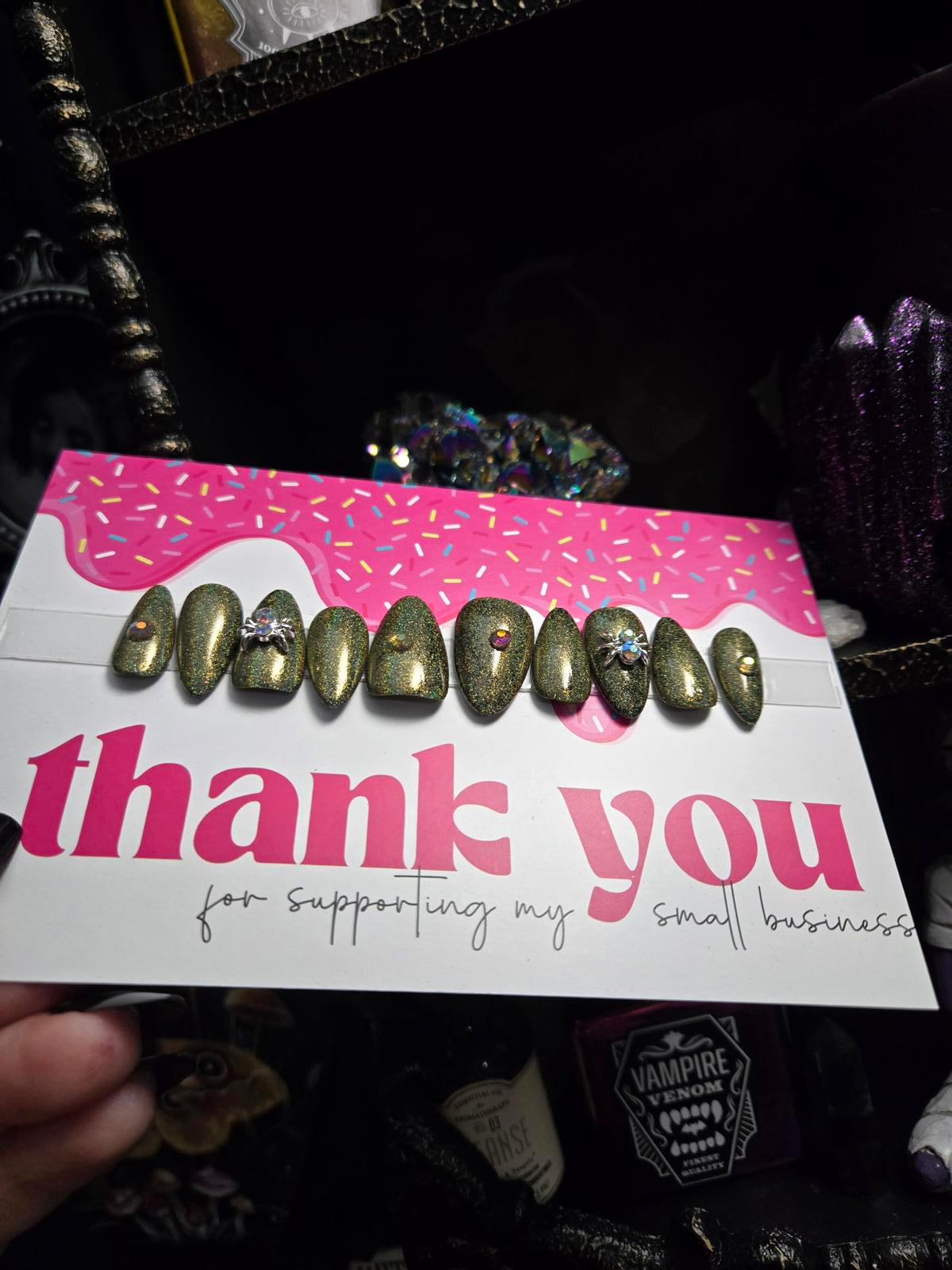Holographic gold press on nails with spider charms