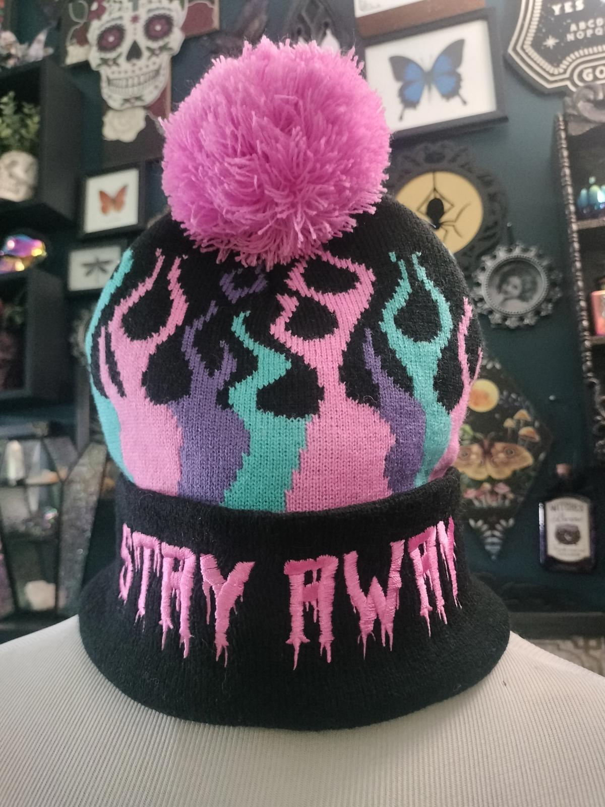 Too fast pastel goth flames "stay away" winter beanie hat