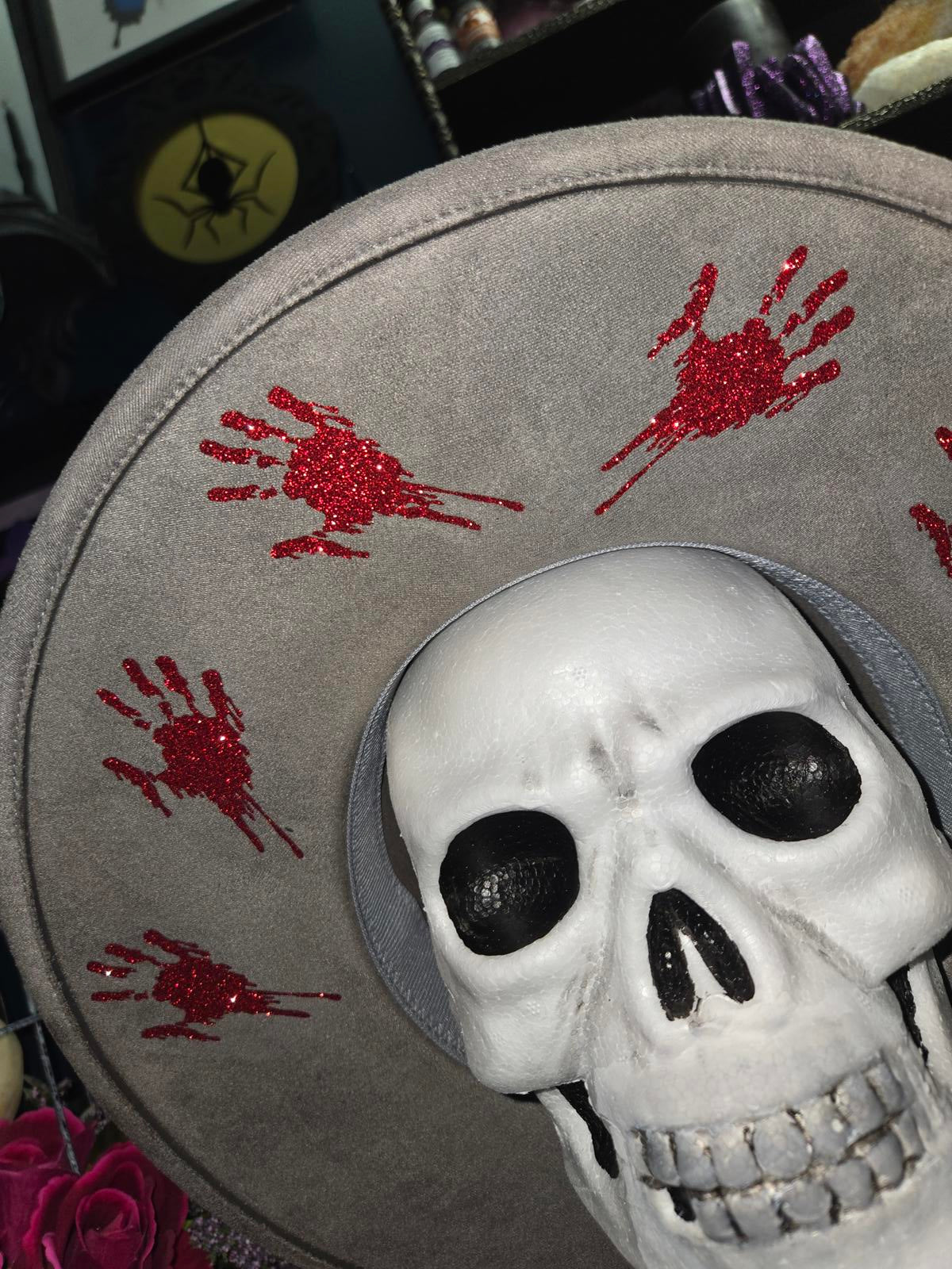 Grey vegan suede wide brim fedora hat with glittery red hand prints