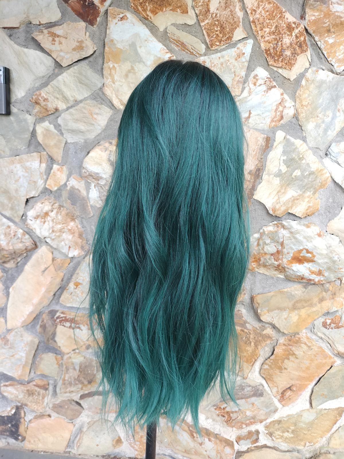 Emerald green wavy lace front wig with dark roots