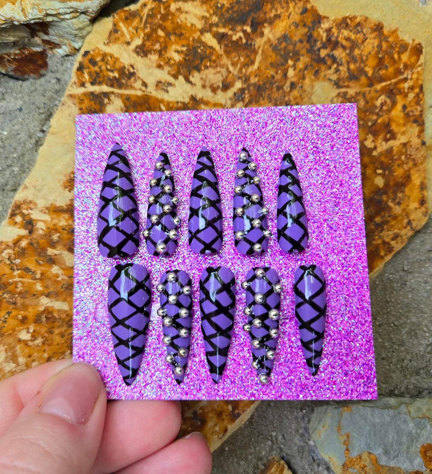 Purple and black lace up punk nails custom made