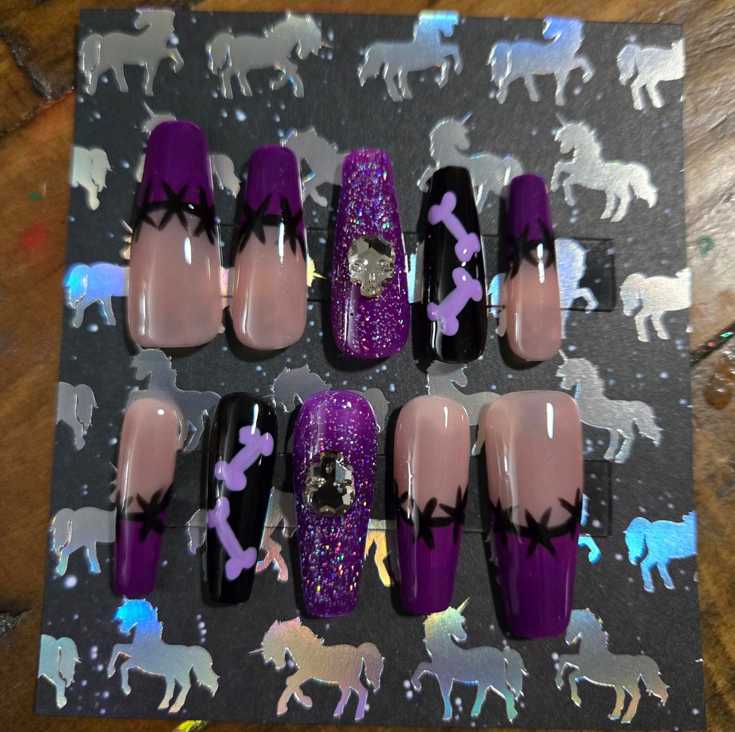 Halloween coffin shaped french tip with bones press on nails custom made