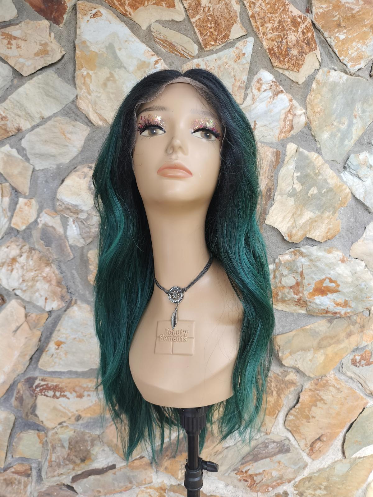Emerald green wavy lace front wig with dark roots