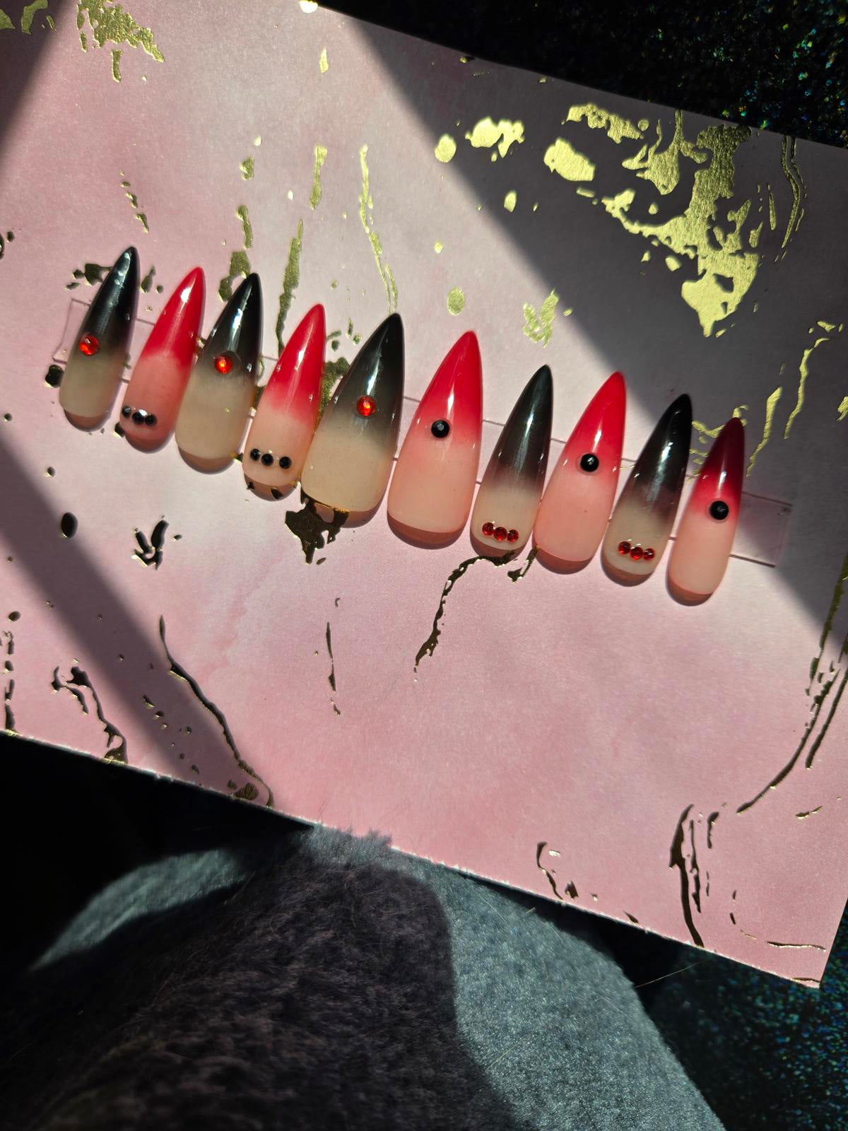 handmade stiletto red and black ombre gothic press on nails