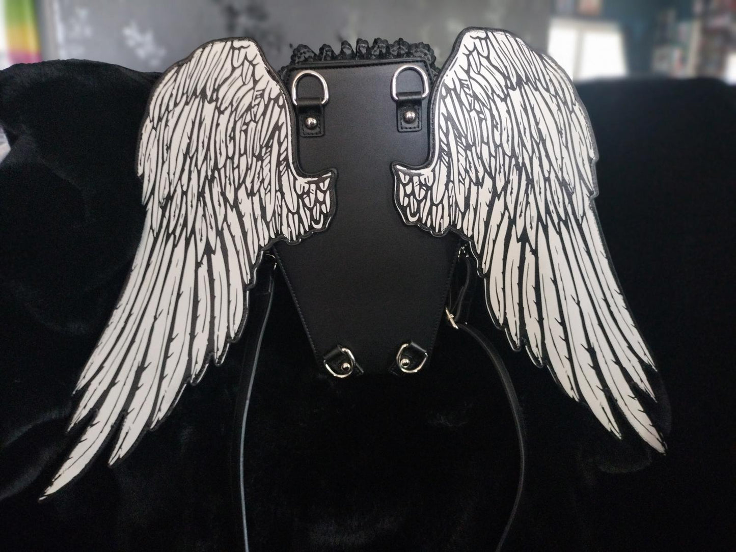 Dolls kill coffin shaped lace and studded handbag with detachable wings