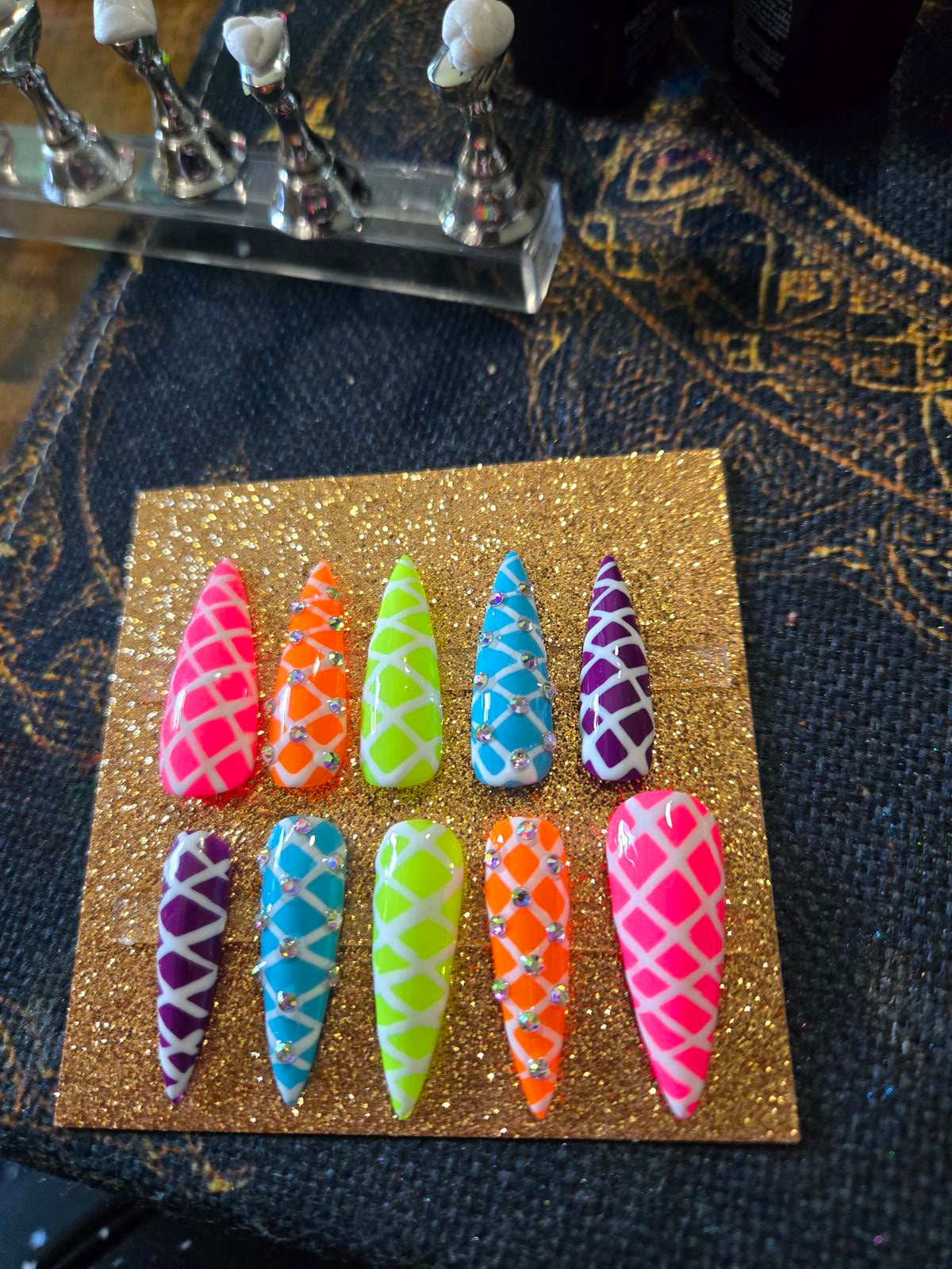 Corset stiletto neon press on nails custom made