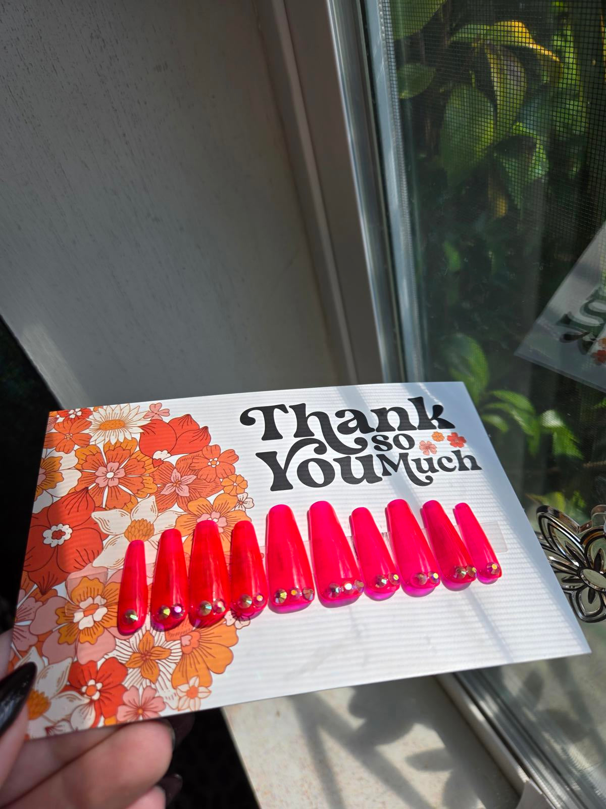 Hot pink jelly barbie rhinestone press on nails custom made