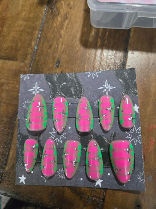 Pink and green almond press on nails custom made