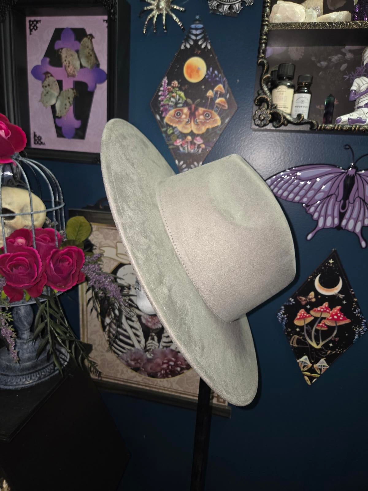 Grey vegan suede wide brim fedora hat with glittery red hand prints