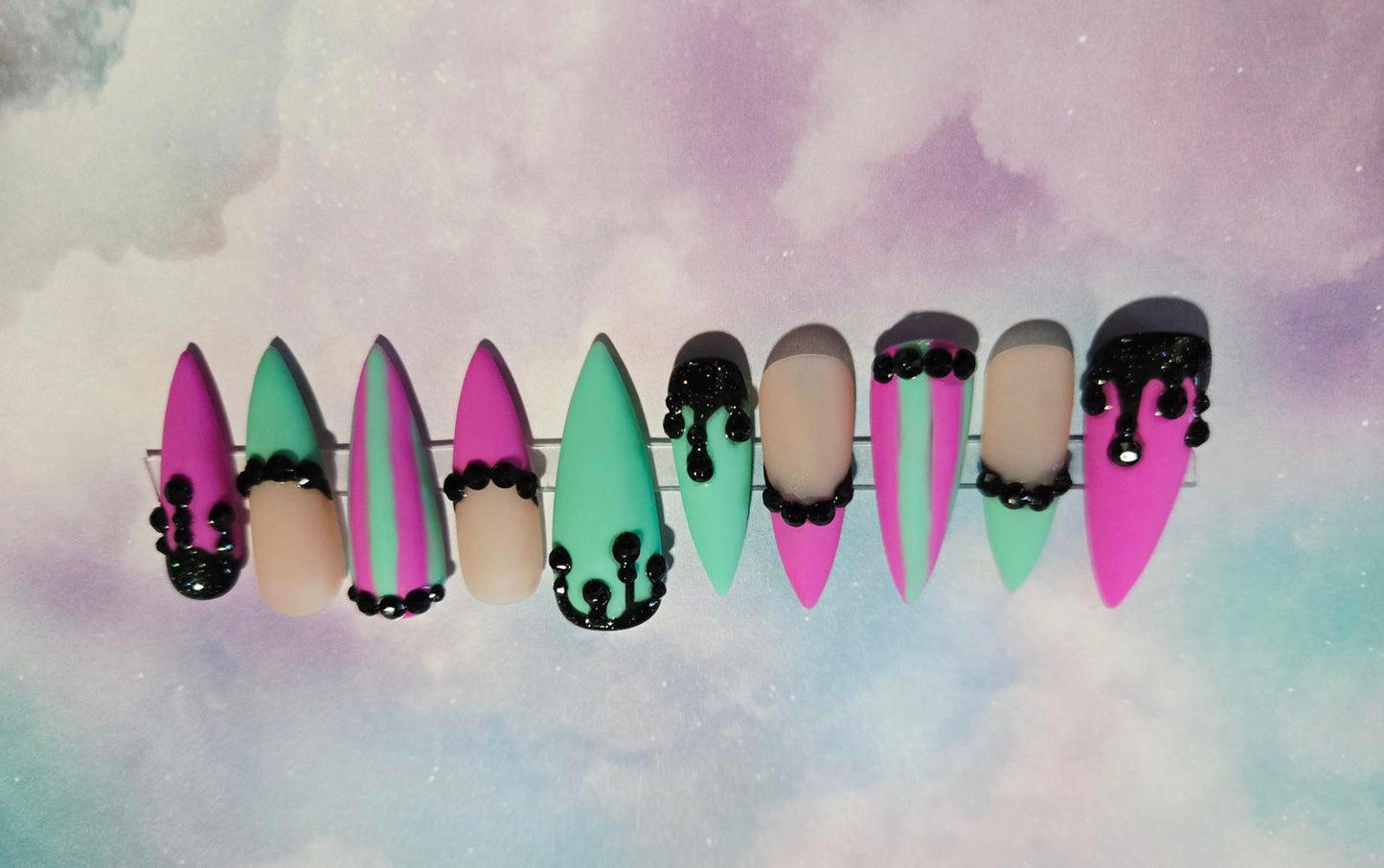 Matte pastel stiletto drippy nails custom made