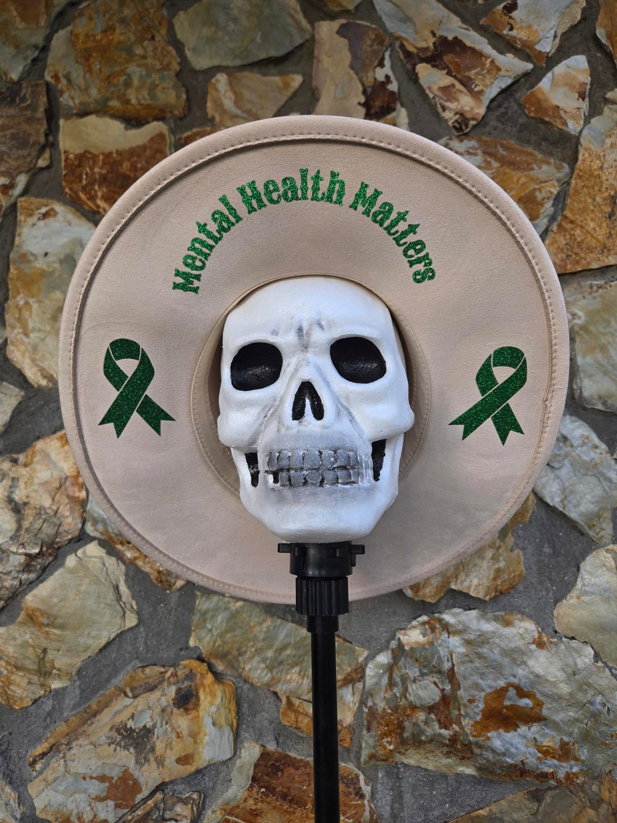 Cream fedora Wide brim hat - glitter green Mental Health matters support ribbons