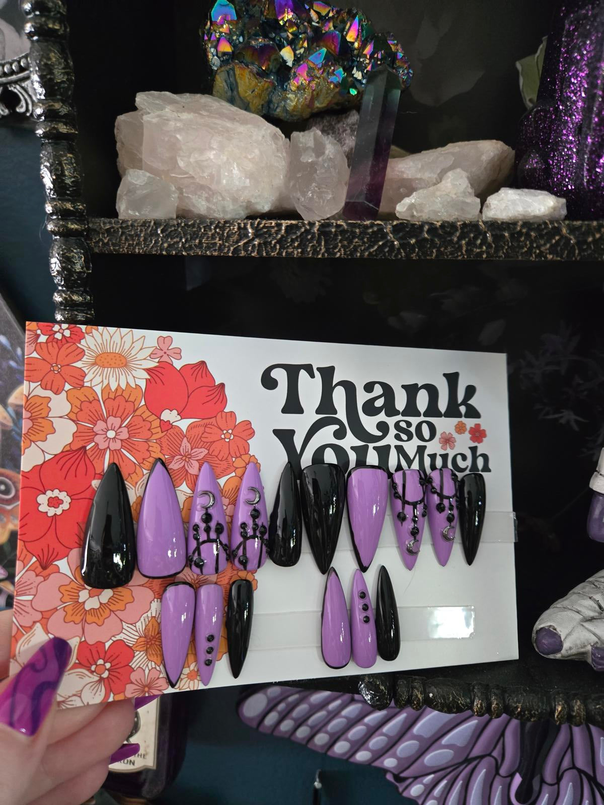 Witchy lace purple black nails custom made