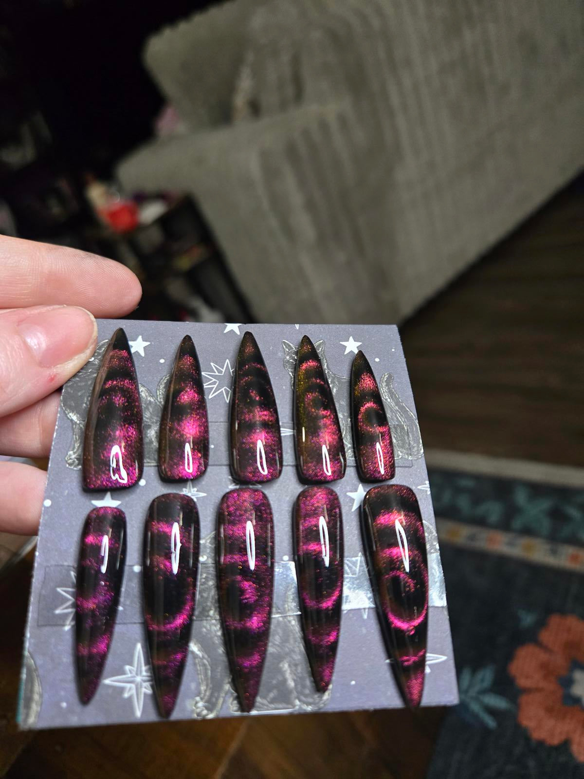 Extra long stiletto swirly cat eye nails custom made