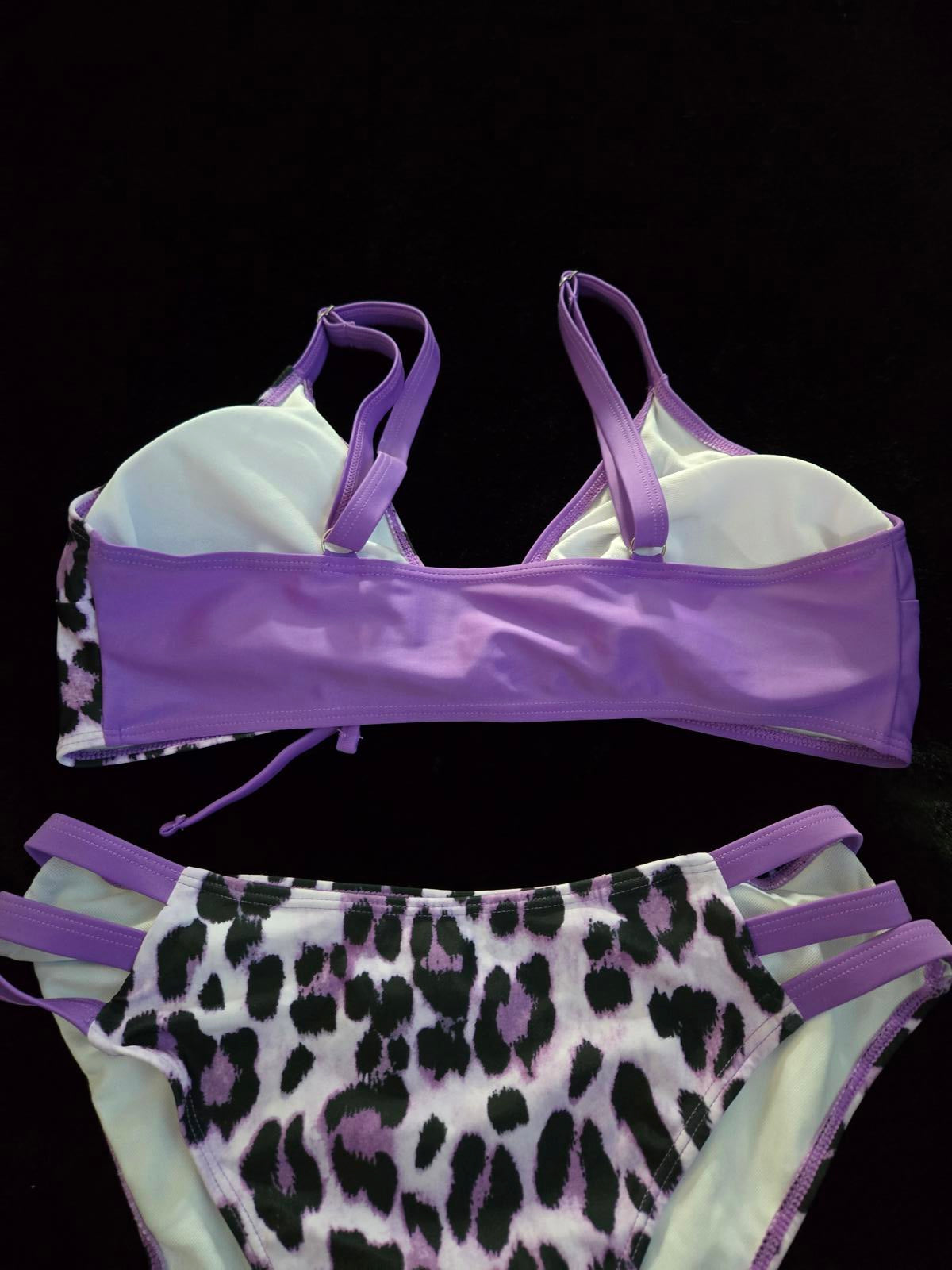 Purple leopard color block bikini swimsuit