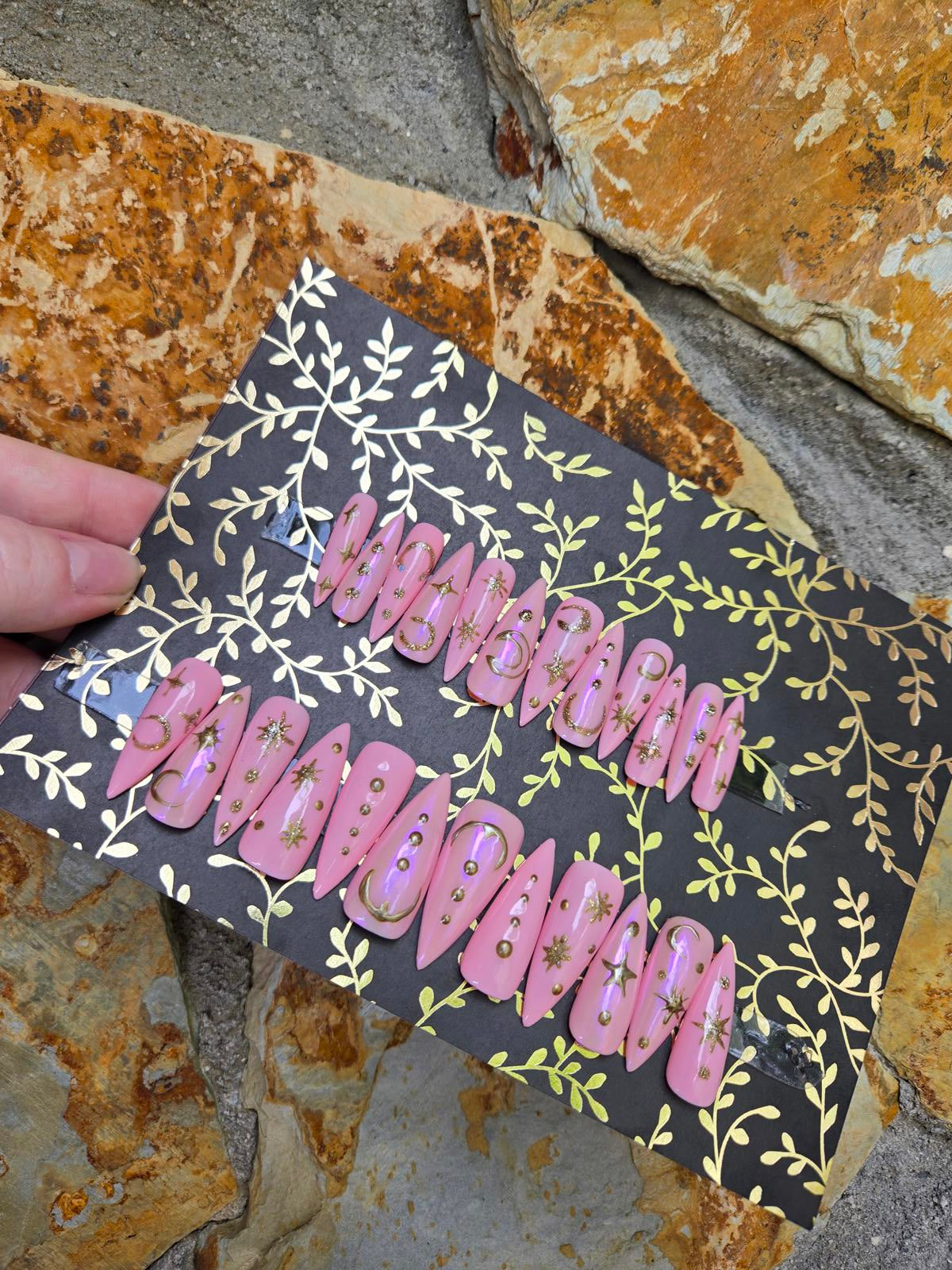 Light pink and gold celestial nails custom made