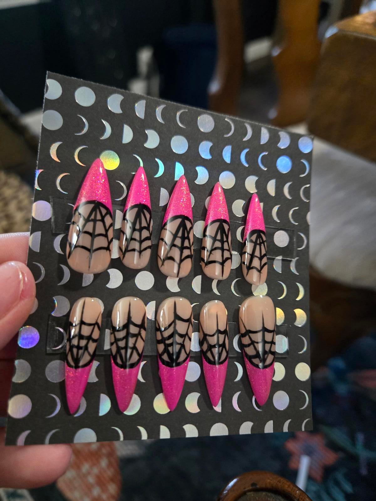 Spiderweb hot pink french tip stiletto press on nails custom made