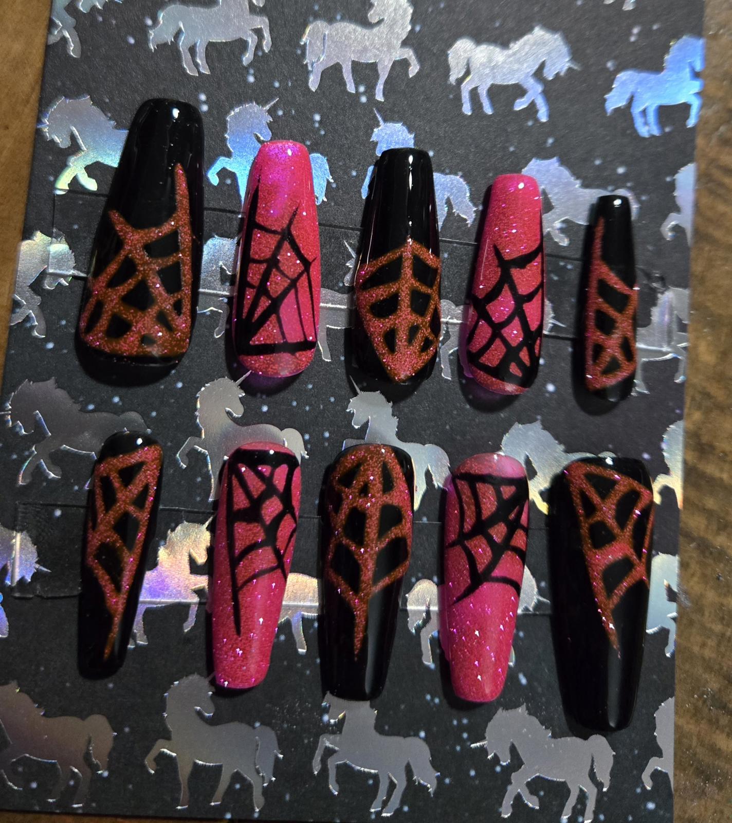 Halloween black and pink spiderweb glitter press on nails custom made