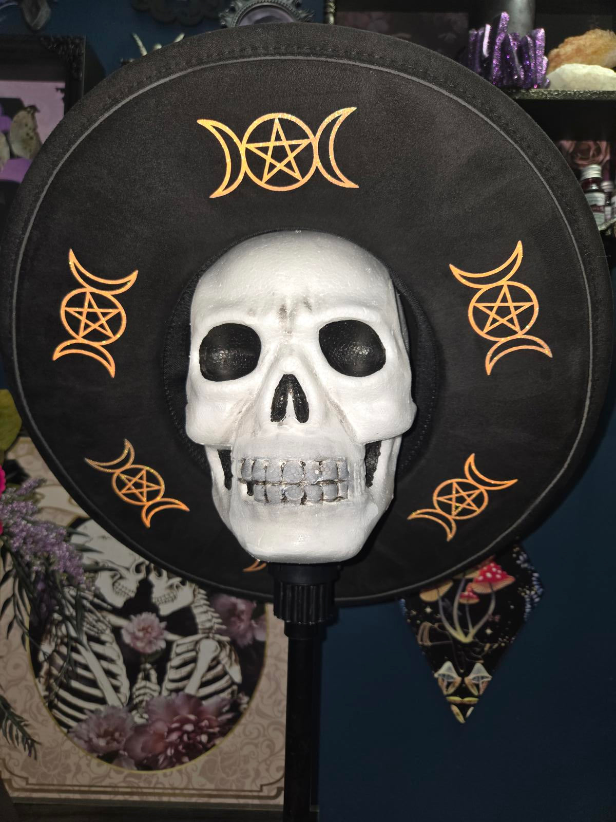 Black vegan suede wide brim fedora hat with sparkly orange moons and pentagrams