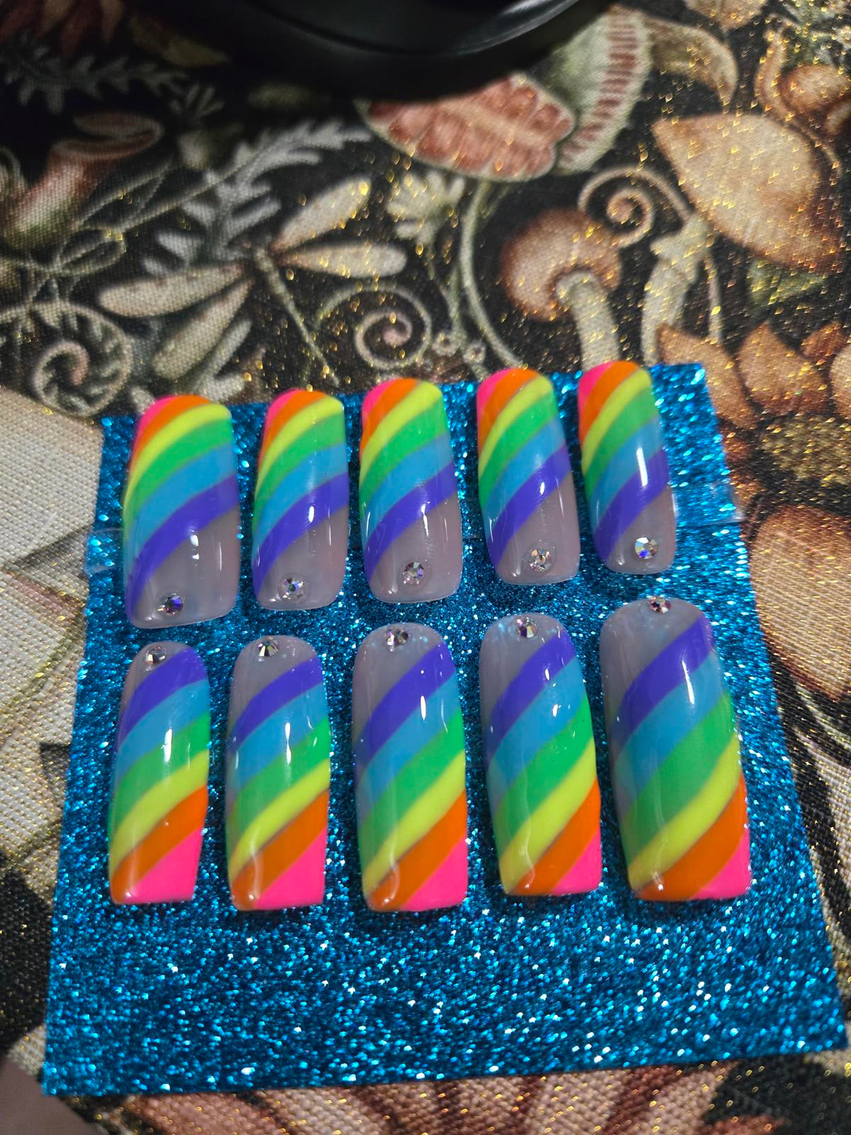 Rainbow striped square press on nails custom made