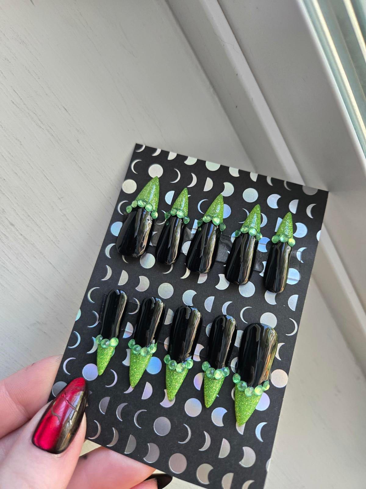 Black and glitter green french tip rhinestone press on nails custom made