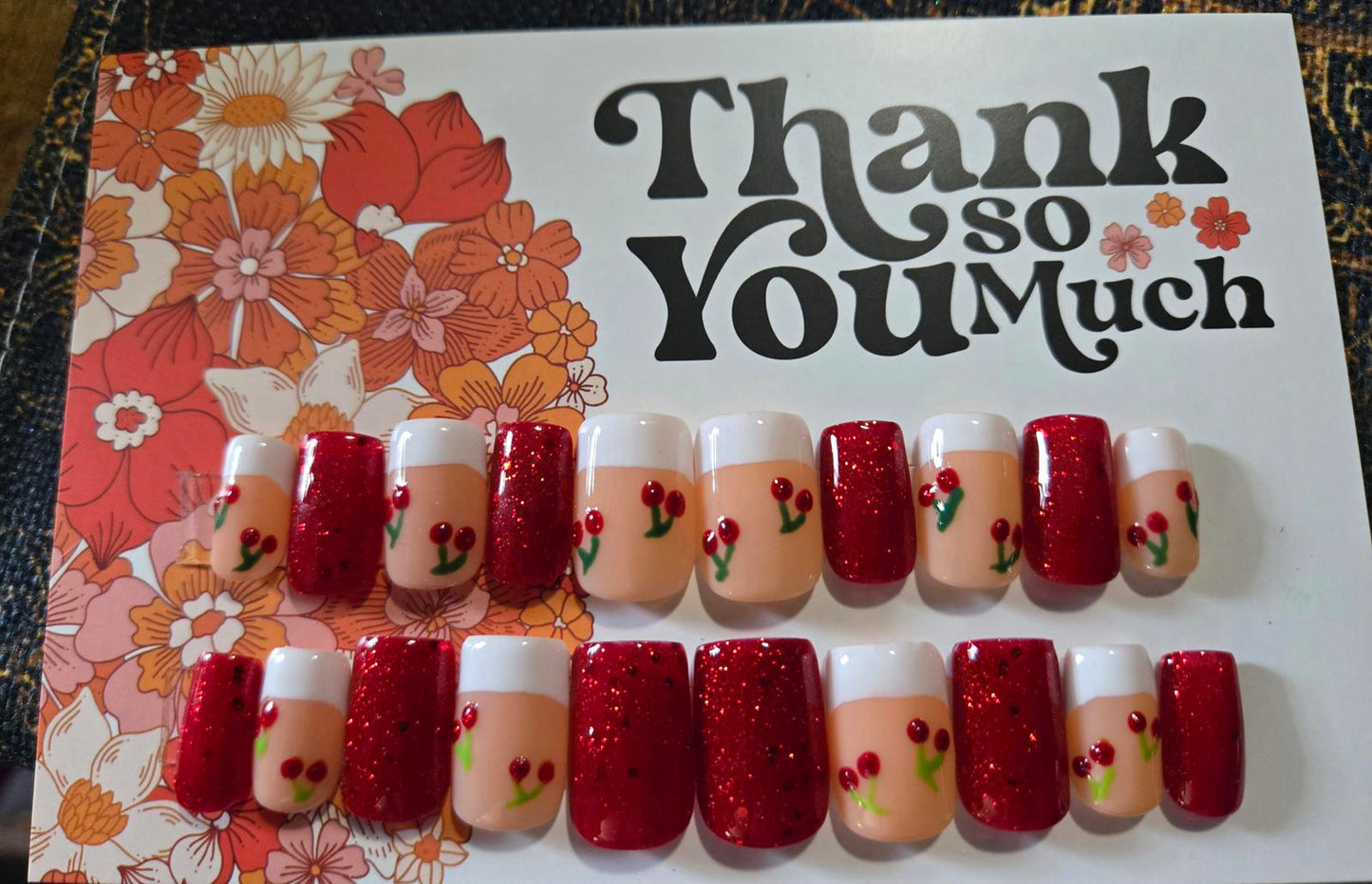 French glitter red and cherries nails custom made