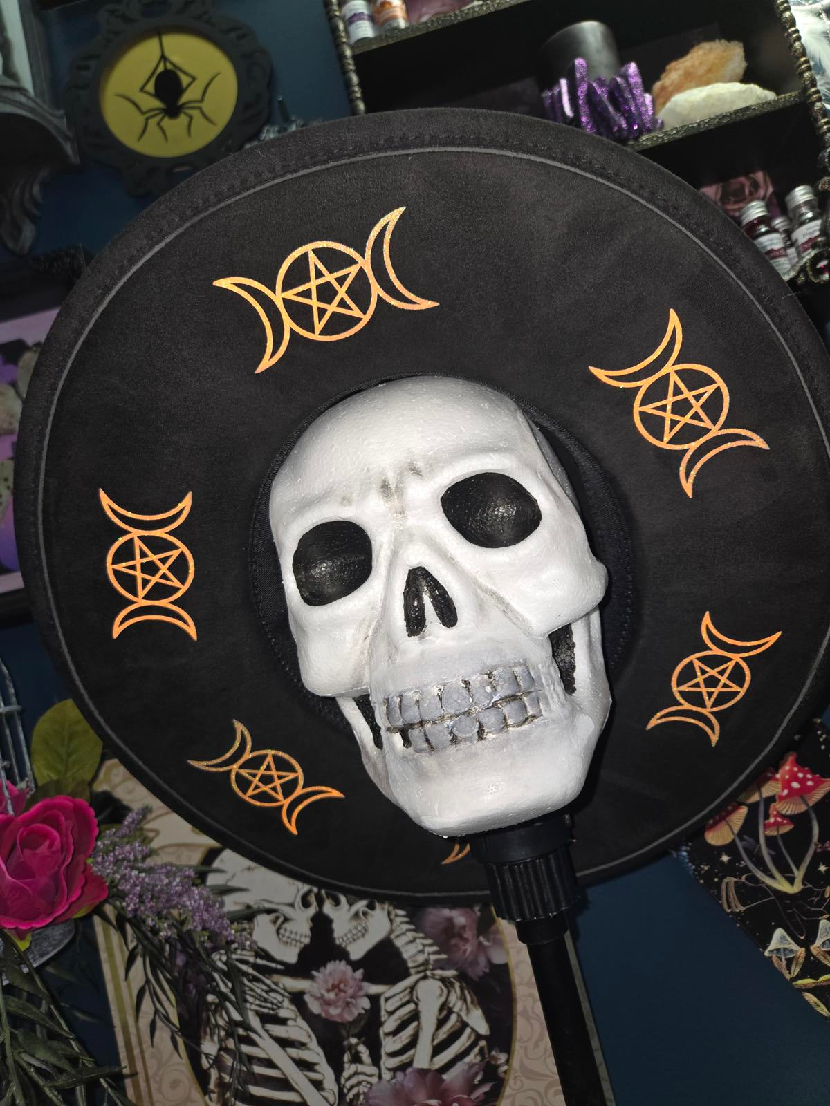Black vegan suede wide brim fedora hat with sparkly orange moons and pentagrams