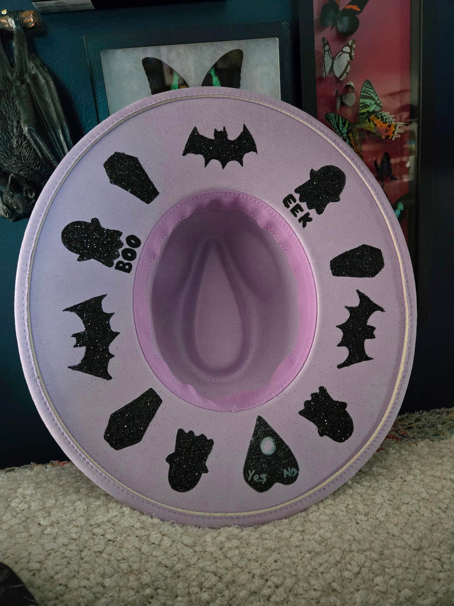 Lavender pastel goth hand painted witchy wide brim hat