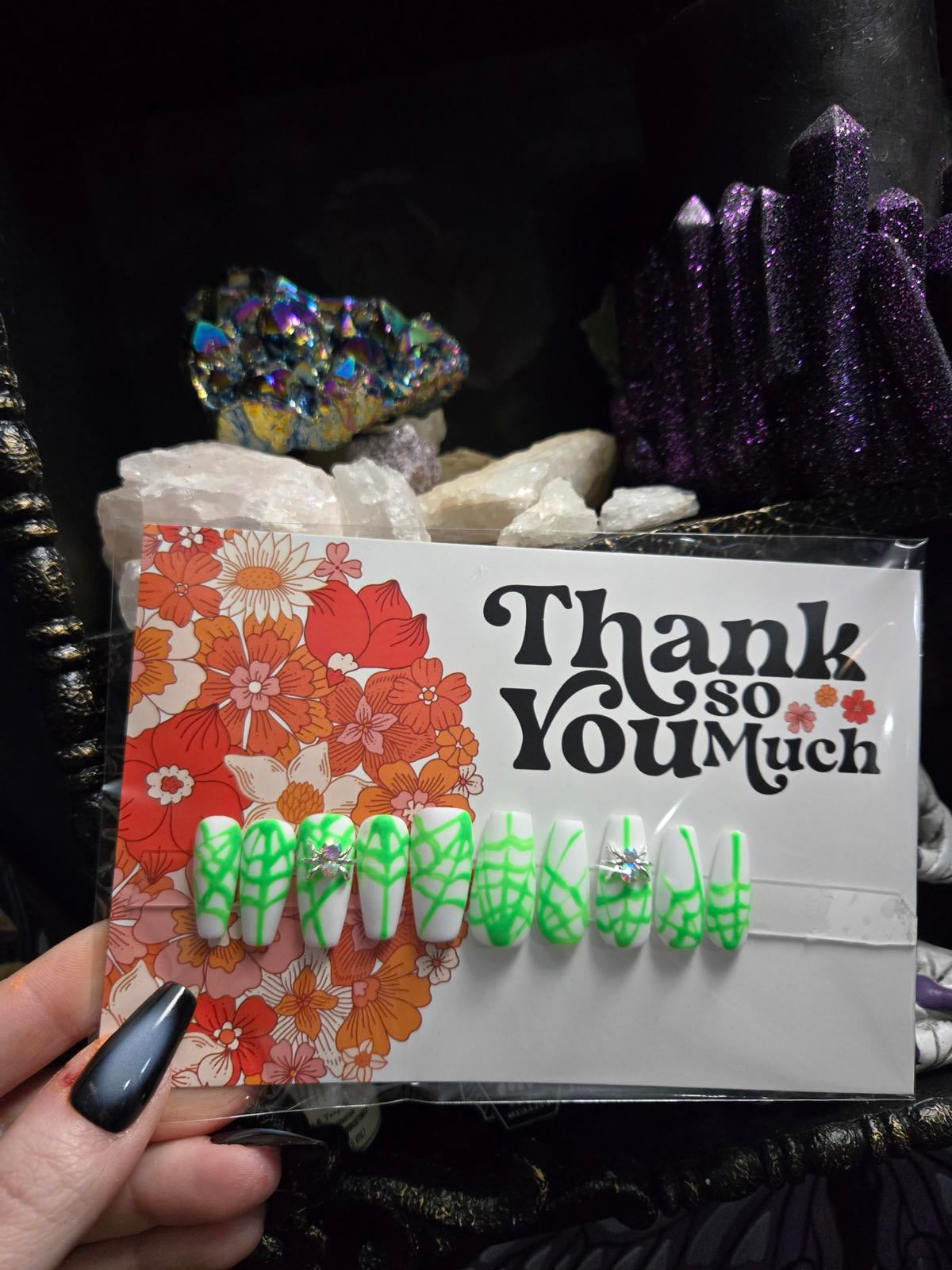 Matte white press on nails with glow in the dark green spiderwebs handmade