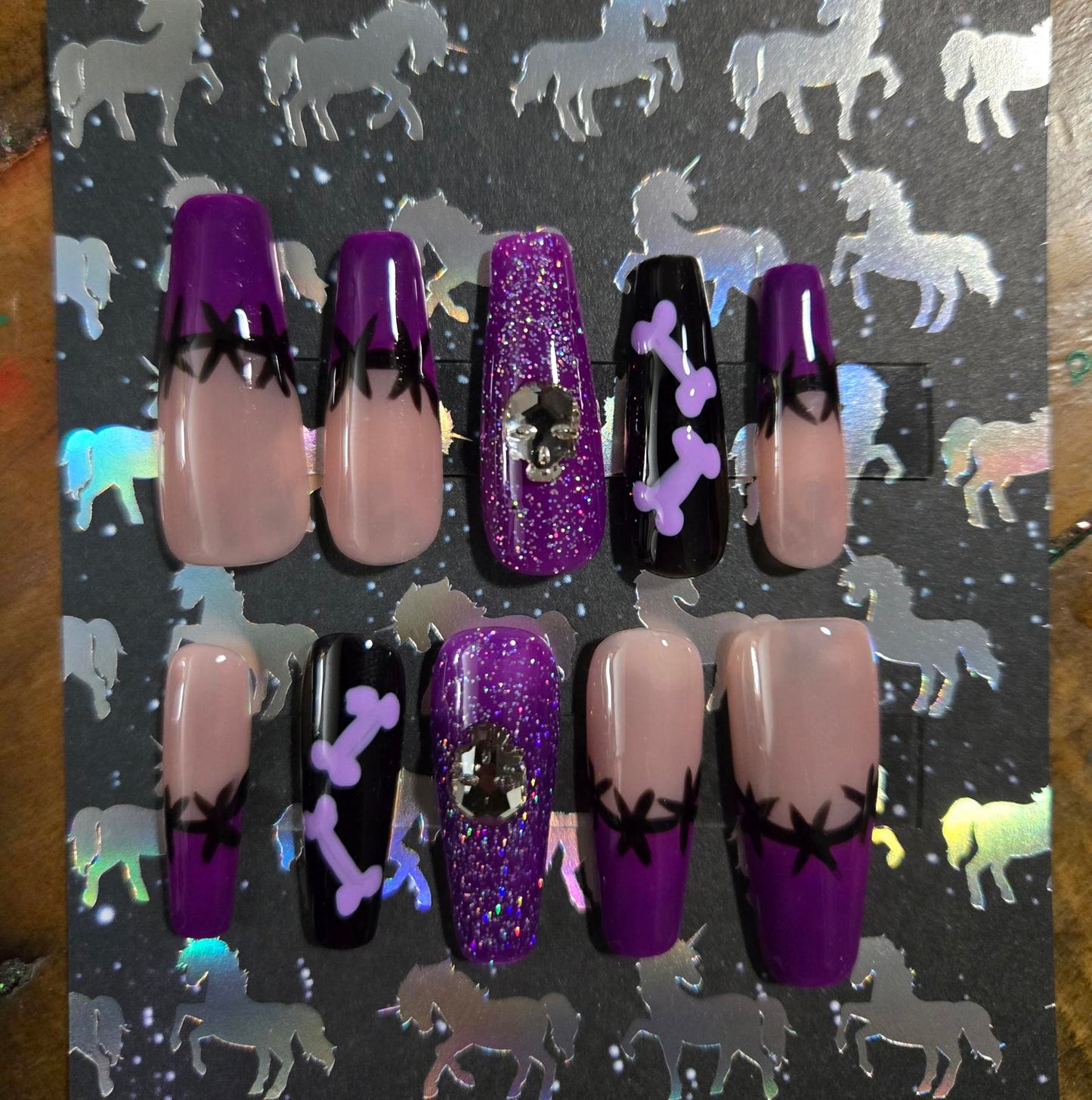 Halloween coffin shaped french tip with bones press on nails custom made