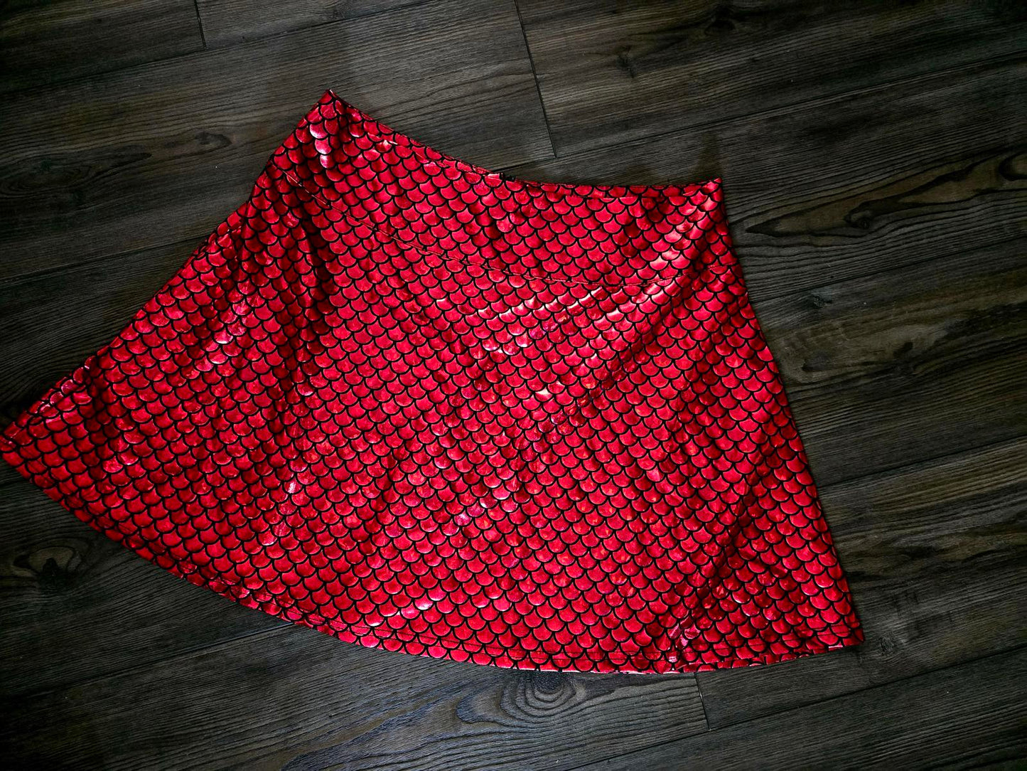 Red metallic mermaid scale skater skirt