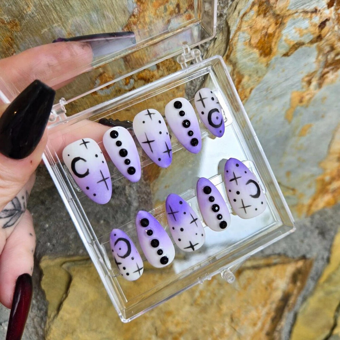 white and purple ombre witchy almond shaped nails custom