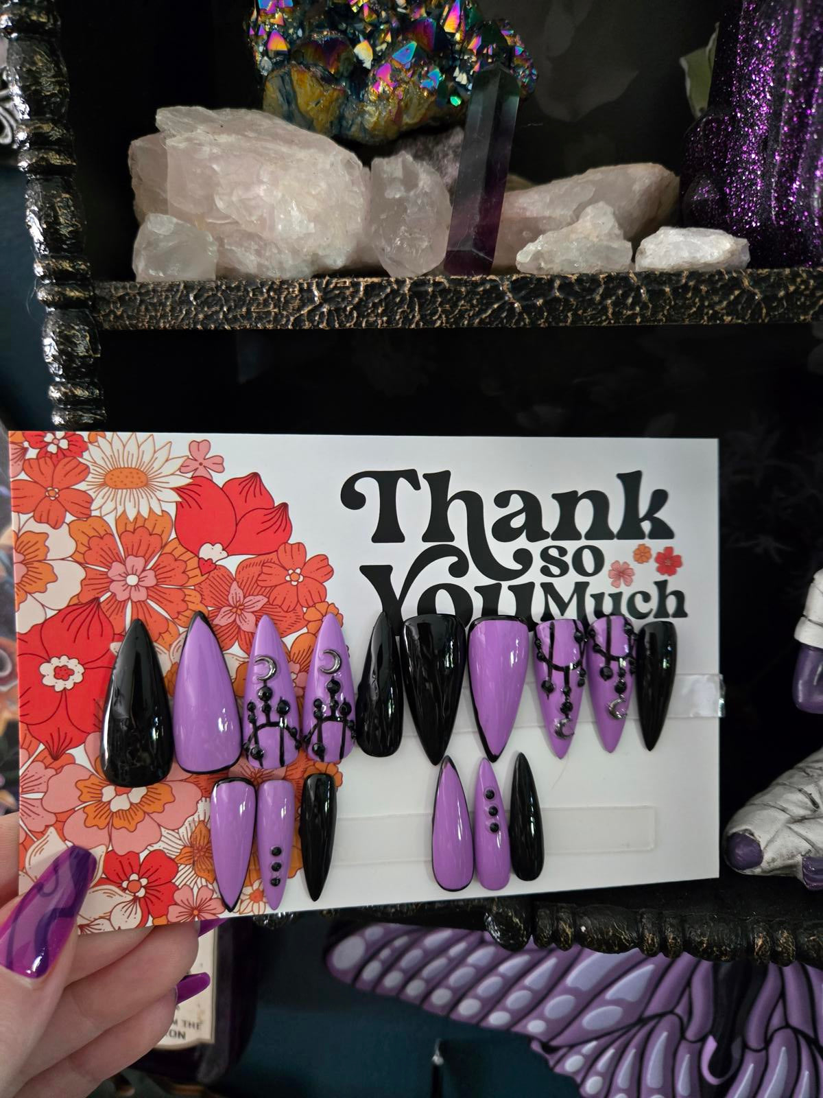 Witchy lace purple black nails custom made