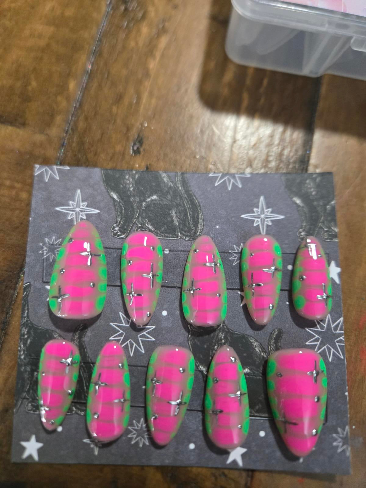 Pink and green almond press on nails custom made