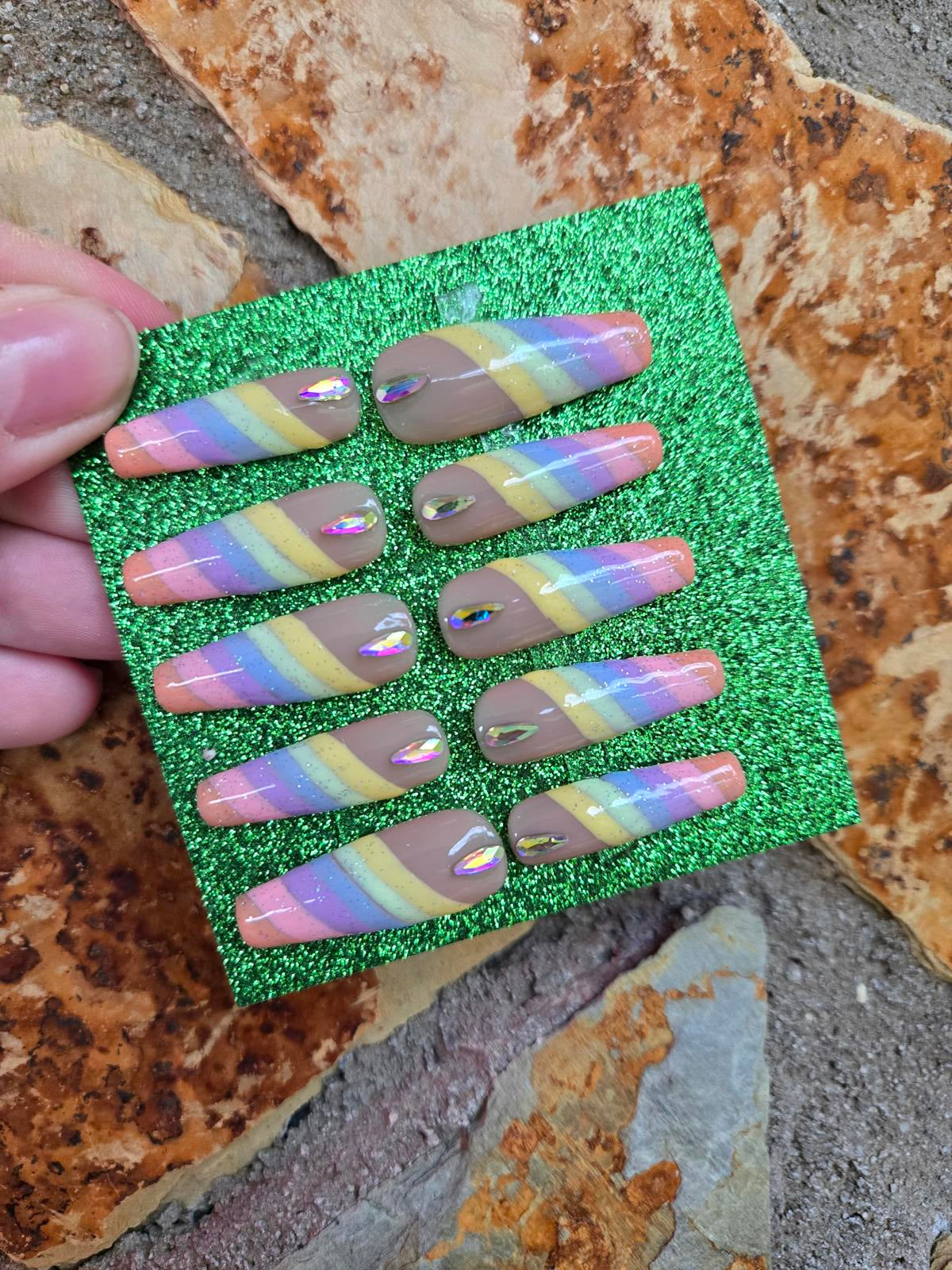 Nude and pastel rainbow striped nails custom made
