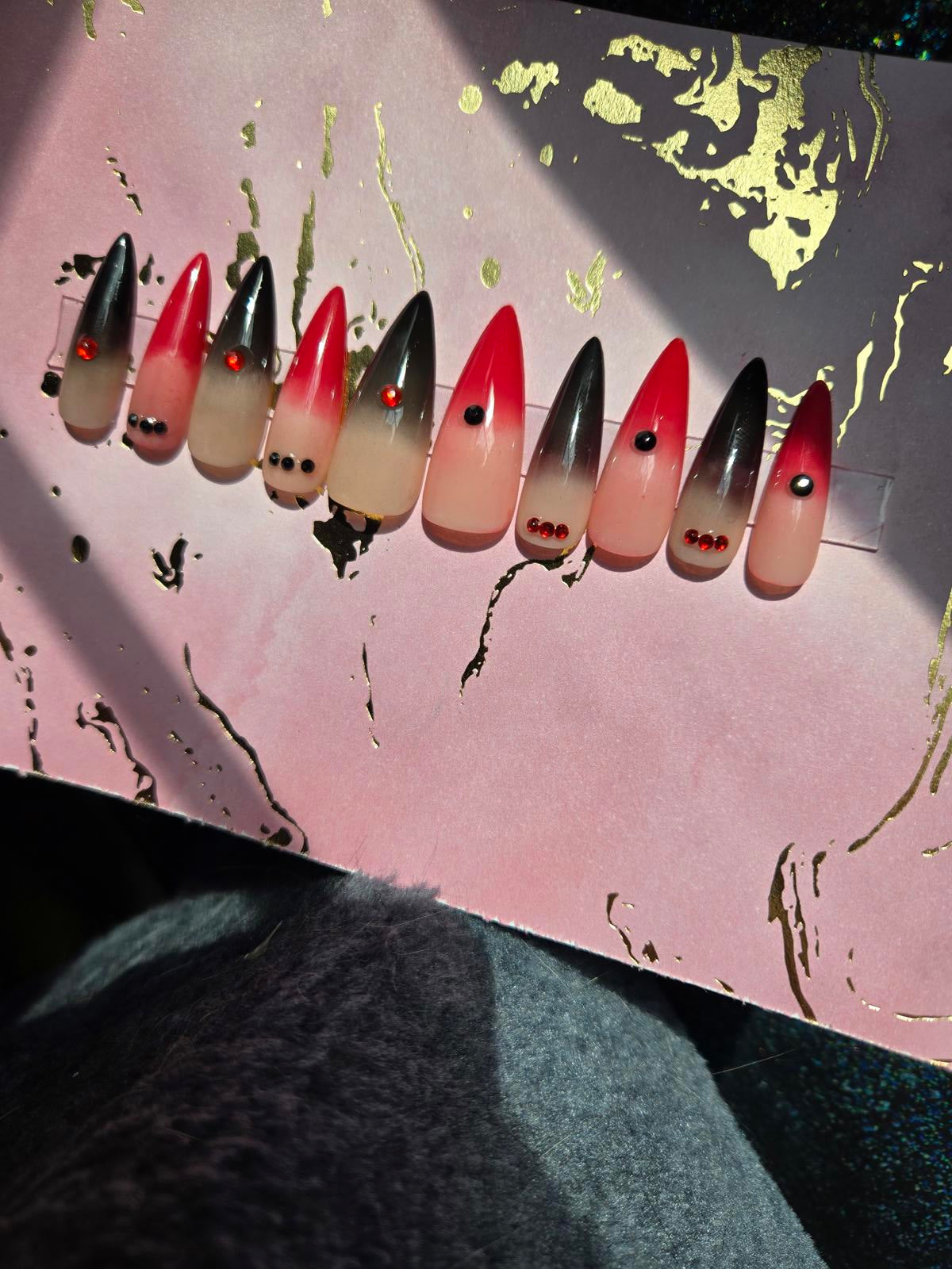 handmade stiletto red and black ombre gothic press on nails