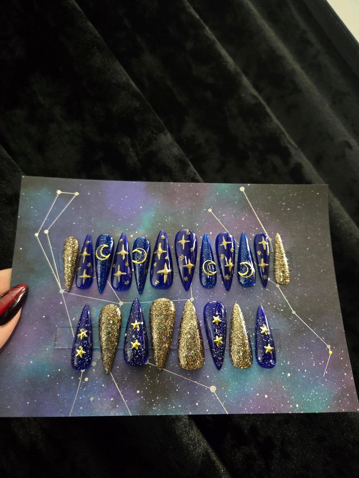 Blue and gold stiletto celestial press on nails custom made