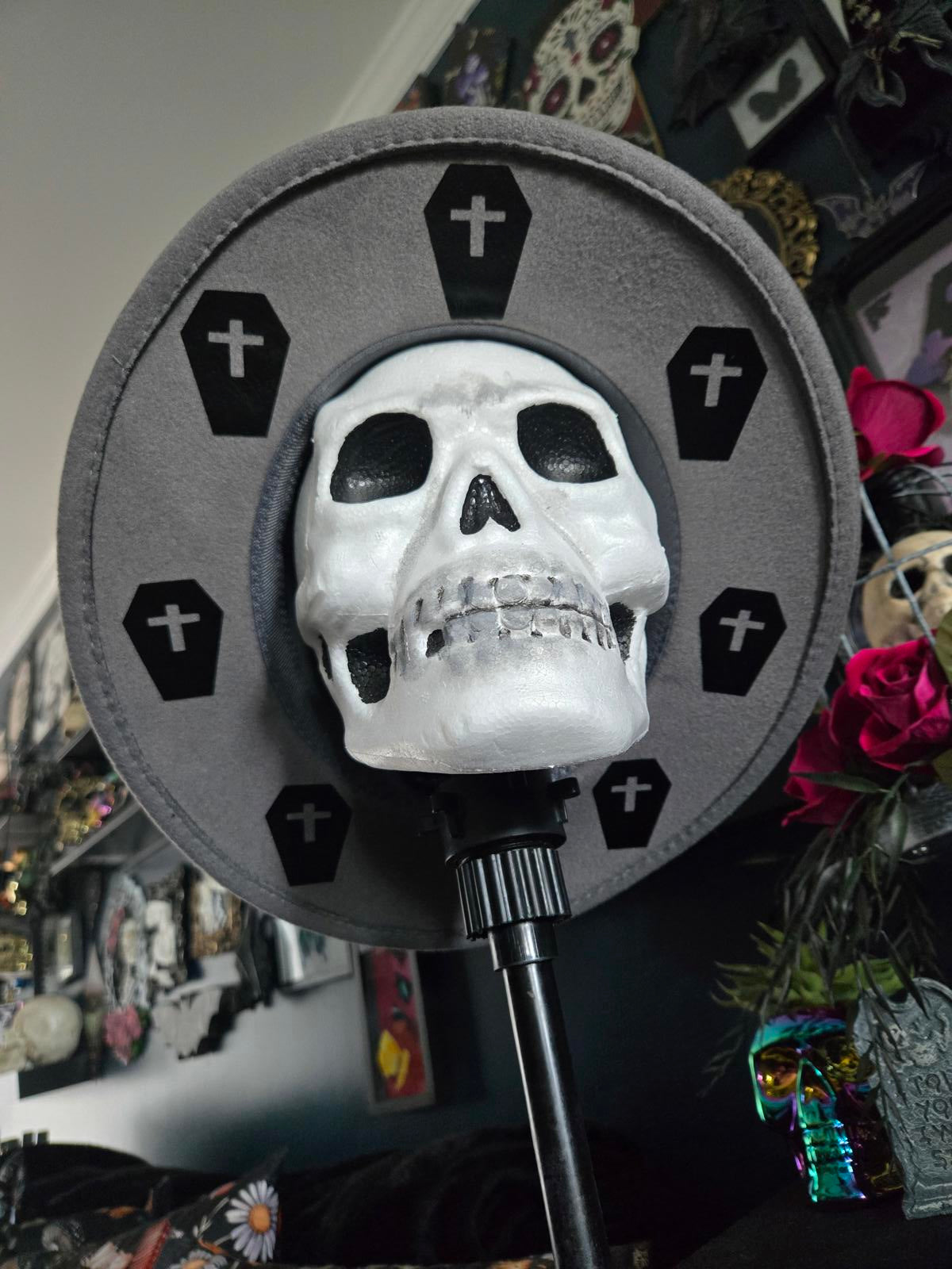Grey fedora hat with coffin designs