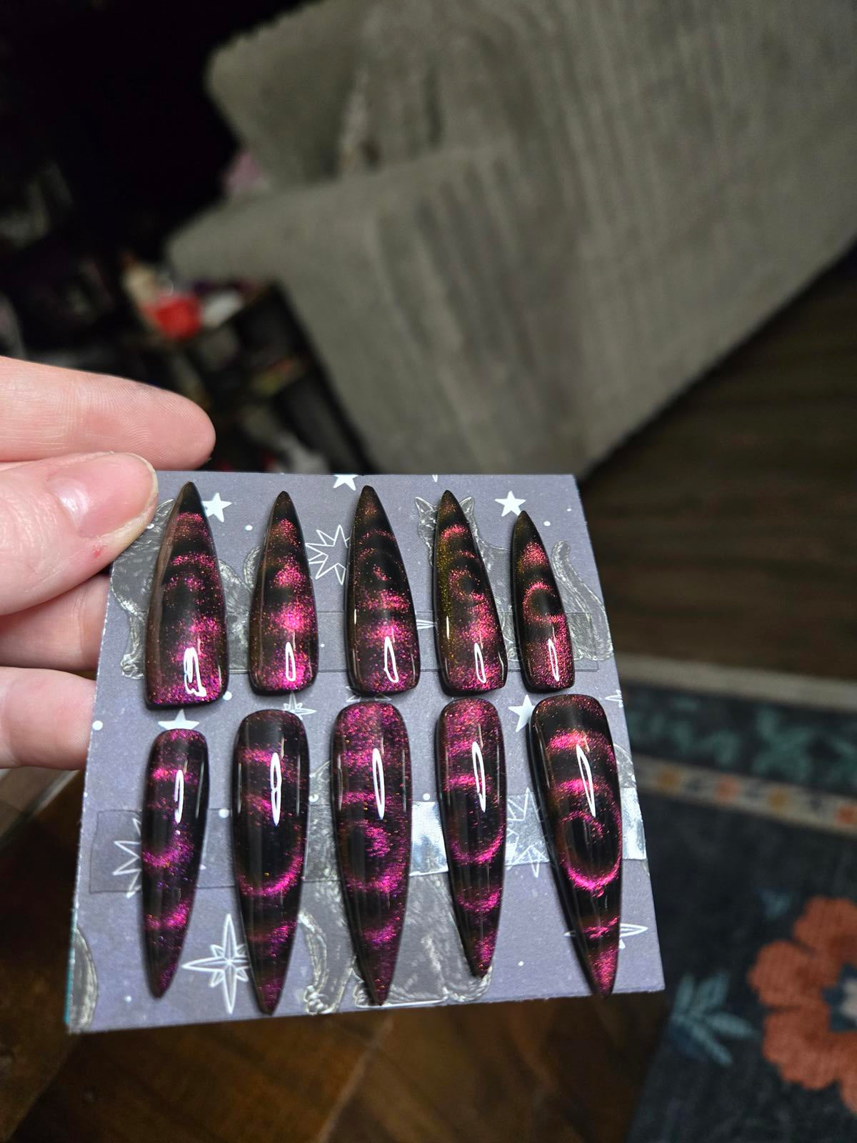 Extra long stiletto swirly cat eye nails custom made