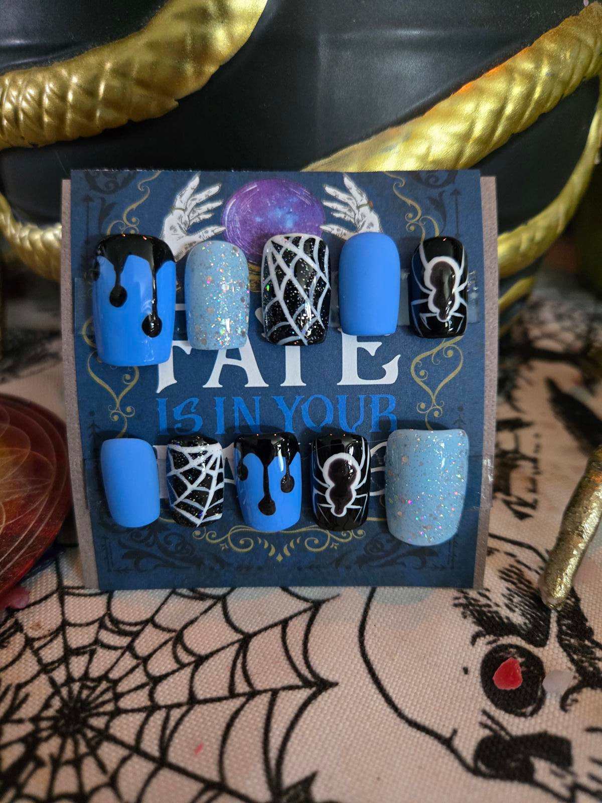 Spooky blue halloween press on nails custom made